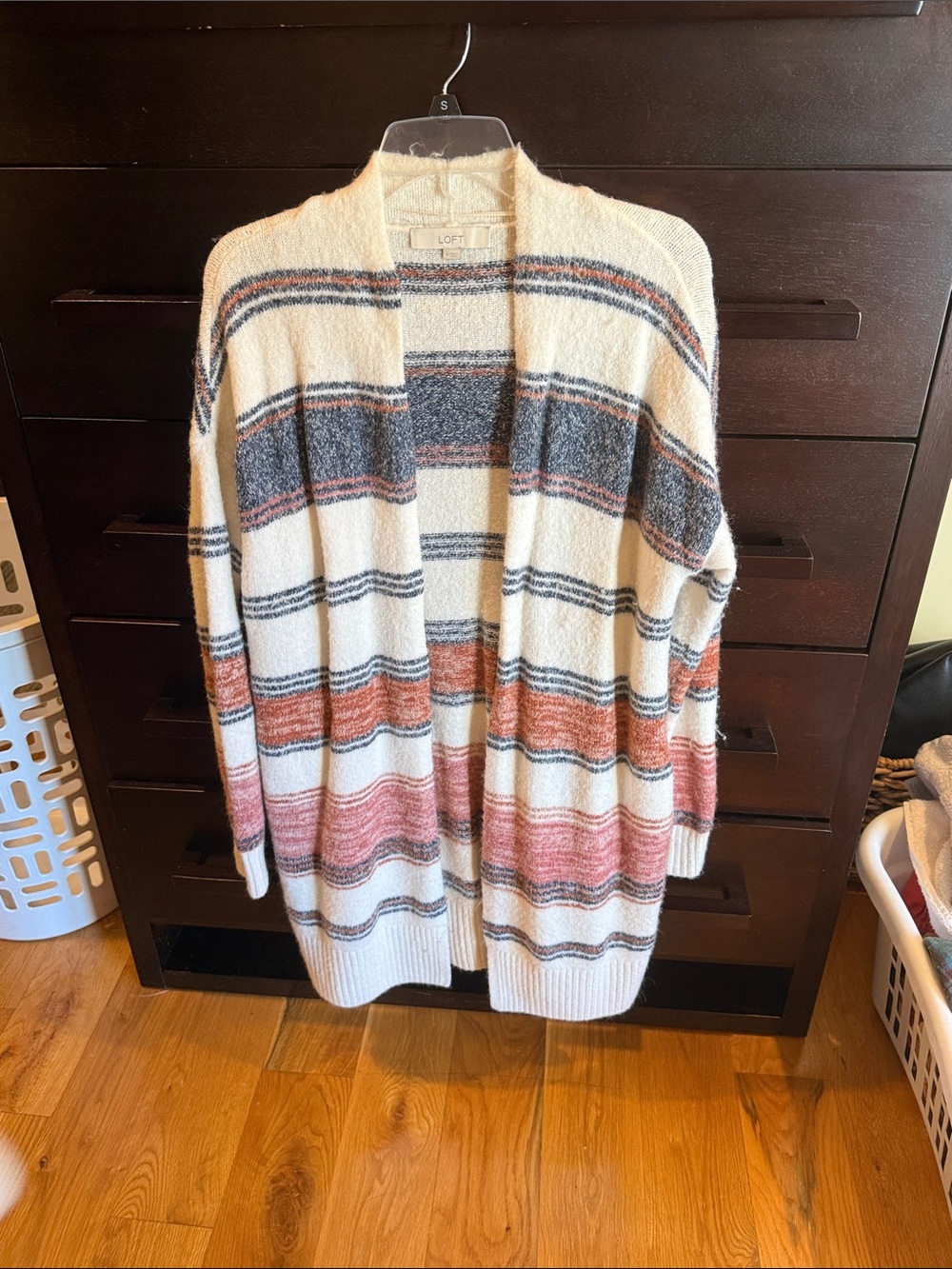 LOFT Cream Open-Front Striped Cardigan with Rust & Gray Accents medium